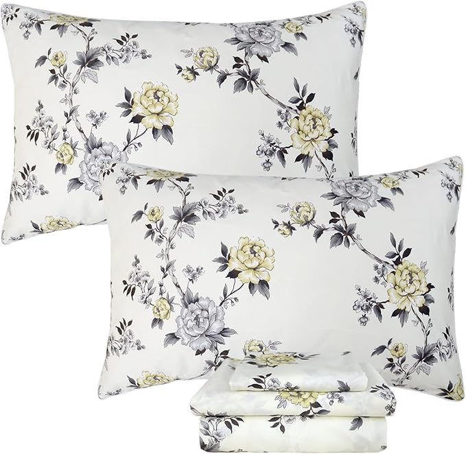 FADFAY Floral Sheets Set Twin Vintage Rose Floral Bedding Shabby Grey and Yellow Peony Sheets Farmhouse Bedding 800 Thread Count 100% Egyptian Cotton Soft Deep Pocket Fitted Sheet 4Pcs, Twin Size