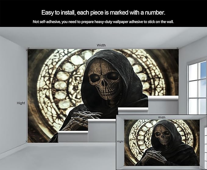 Gothic Skeleton Wall Mural, Dark Fantasy Skull 3D Wall Murals, Medieval Gothic Wallpaper Mural, for Living Room Bedroom Large Wallpaper Indoor Decor 157.5" W x110.3 H