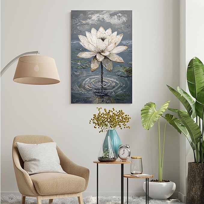Stunning white lotus emerges from prismatic water with delicate petals background Serene aquatic wall art suitable for modern minimalist decor 32x48in Frameless