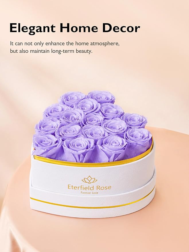 Eterfield 16 Forever Flowers in Heart Shape Box, Preserved Roses That Last a Year Preserved Flowers Birthday Gifts for Her Mom Women Wife Anniversary Valentines Day Mothers Day Christmas, Light Purple