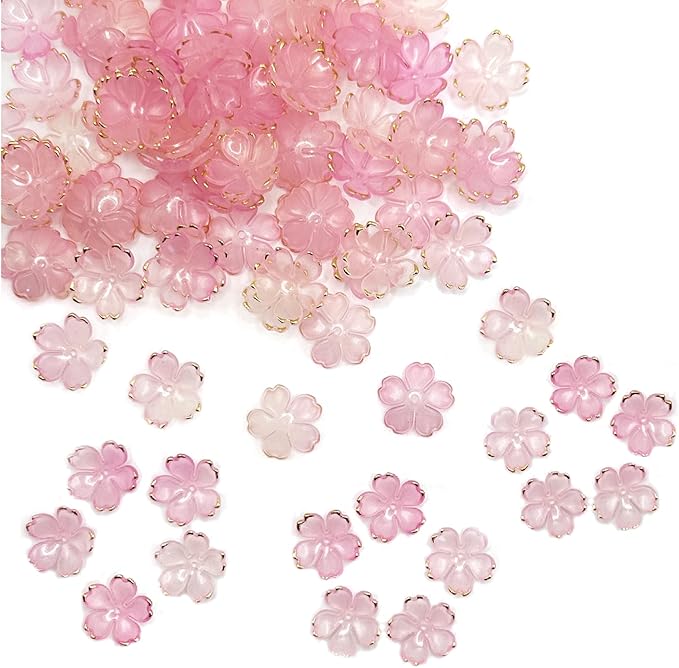 100PCS Cherry Blossom Acrylic Beads, Gold-Plated Flowers Beads for Jewelry Making, Pink Floral Spacer Bead for Keychains Earrings Bracelets Necklaces Lanyard DIY Handicrafts