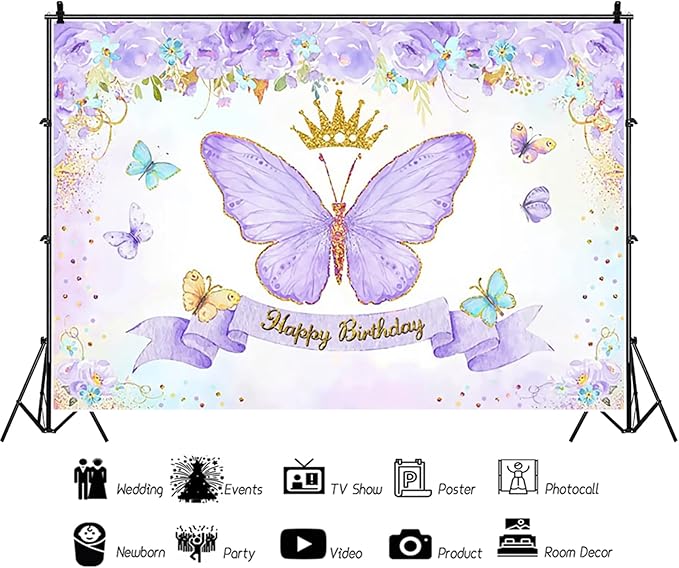 Renaiss 10x7ft Happy Birthday Backdrop Purple Butterfly Flowers Gold Crown Photography Background Daughter Girl Princess Birthday Party Decor Dessert Table Banner Portrait Selfie Group Photo Props