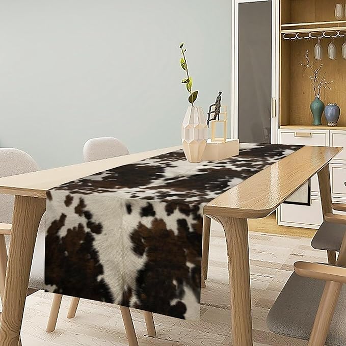 Cow Print Table Runner, Brown Cowhide Print Western Style Table Runner Country Farmhouse Cottage Cow Patten Table Decoration for Home Kitchen Dining, 13x60 Inch