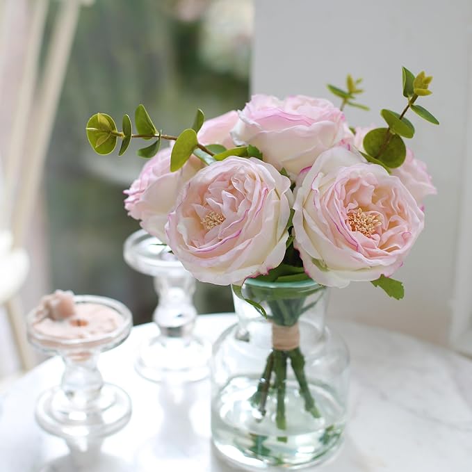 Artificial Flowers in vase, Vivid Faux Rose Flowers Arrangements, Austin Rose Centerpieces for Tables, Flower Ornaments and Flower Arts for Living Room (Champagne)