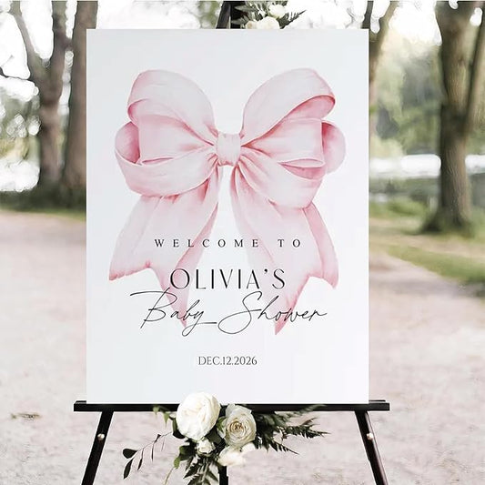 Personalized Pink Bow Baby Shower Welcome Sign, Custom Minimalist Bow Baby Girl Party Sign, Baby's Shower Gifts, Birthday Gifts, Gender Reveal Decorations, Newborn Announcement Party Supplies - 06