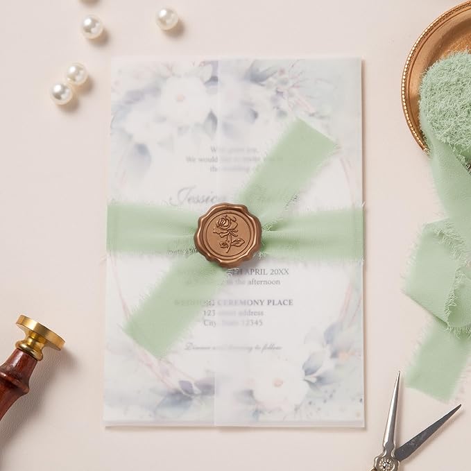 DORIS HOME Green and Cream Chiffon Ribbon for Flower Bouquet, 1" x21Yd Fabric Ribbon for Gift Wrapping, Handmade Frayed Ribbon for Wedding Invitations/Christmas Decorations