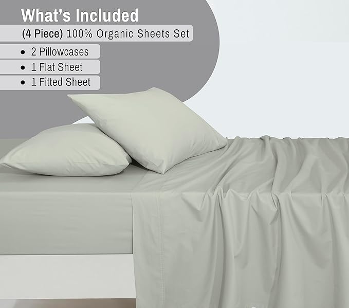 RUVANTI 100% Organic Cotton Sheets King Size, Percale Weave, GOTS Certified, 4-Piece Set, Deep Pocket 15", Crisp & Breathable, Soft Durable Bedding, Sábanas Algodón Orgánico – Mineral Gray