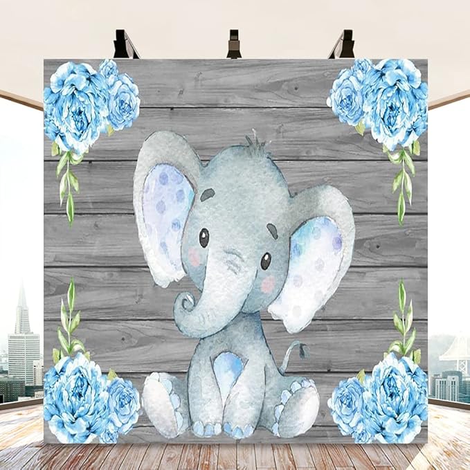 AOFOTO 10x10ft Elephant Rustic Grey Wooden Backdrop for Boy Baby Shower Watercolor Blue Floral Cartoon Animal Gender Reveal Photography Background It's a Boy Newborn Kids Birthday Party Decoration