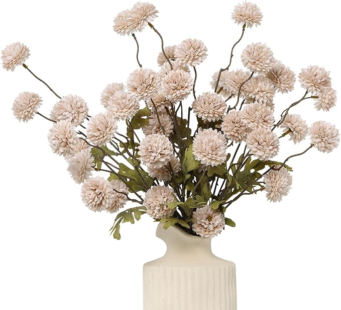 DuHouse 6pcs Artificial Flowers Faux Silk Pompon Mum,Silk Small Mini Chrysanthemum Ball with Stems for Wedding DIY Champagne Arrangements Bouquets Centerpieces Home Decorations(Beige)