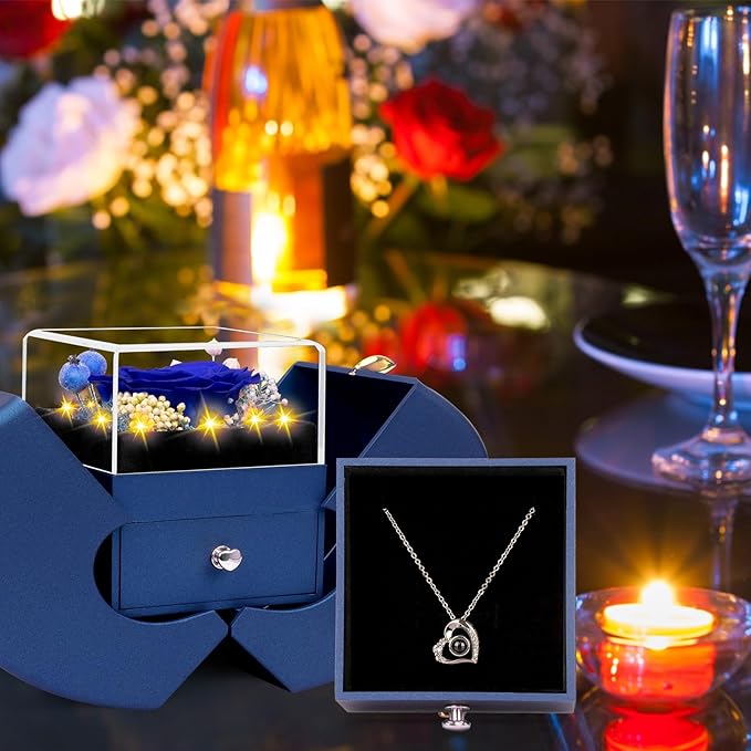 Preserved Blue Real Rose with I Love You Necklace, Eternal Flowers Rose Birthday Gifts for Women Her Mom Wife Girlfriend Grandma Christmas on Valentines Mothers Day Anniversary Romantic-Blue