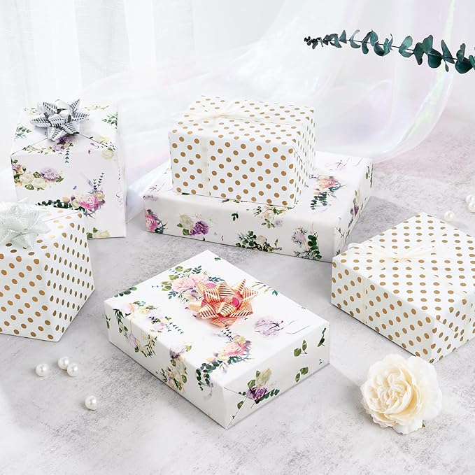 WERNNSAI Floral Wrapping Paper Roll - 1 Roll 17” x 33 ft Wedding Wrapping Paper White Flower Gift Wrap for Girl Women Birthday Wedding Bridal Shower Engagement Mother's Day Favors Reversible Polka Dot