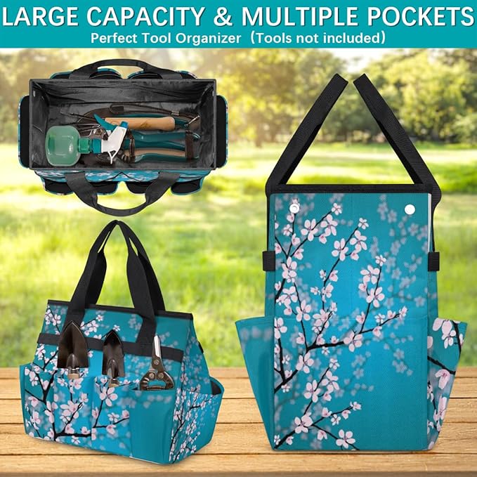 Garden Tool Tote Bag for Women Men Flower Branches Gardening Tool Storage Bags with 10 Pockets Standable Garden Home Tool Kits Organizer for Indoor Outdoor Gardening Gifts