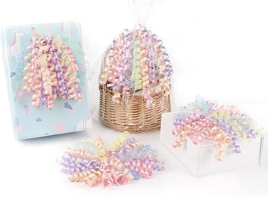HUIHUANG Pastel Bows for Gift Wrapping 7" Pastel Rainbow Curly Gift Bow Self Adhesive & Twist Tie Ribbon Bows for Presents Gifts Easter Baskets Baby Shower Party Favors- 6 Counts