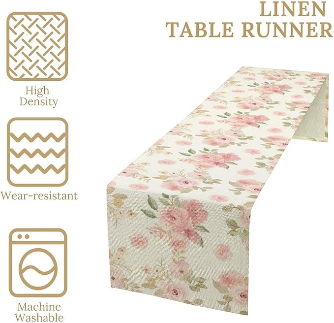 Vintage Rose Table Runner, Watercolor Romantic Pink Floral Blossoms Table Runner for Kitchen Dining Holiday Party Home Decor, 13x108 Inch