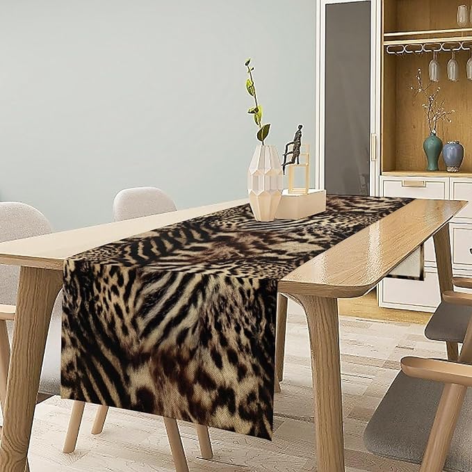 Animal Skin Print Table Runner, Vintage Farmhouse Cottage Country Western Wildlife Safari Leopard Zebra Dinner Runner for Kitchen Dining Table Party Holiday 13x120in