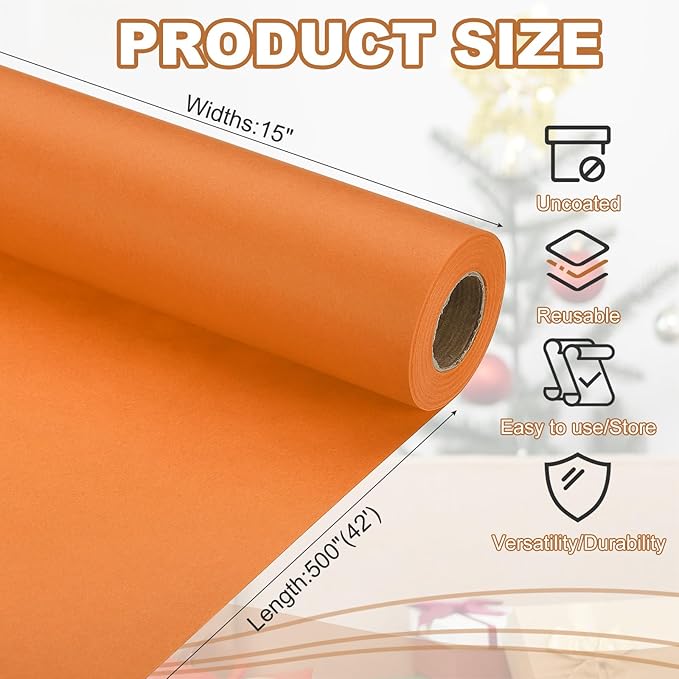 PATIKIL Wrapping Paper, 15" x 500"(42') 70 GSM Craft Paper Roll Kraft Packing Paper for Poster Bulletin Board, Gift Wrapping, Orange