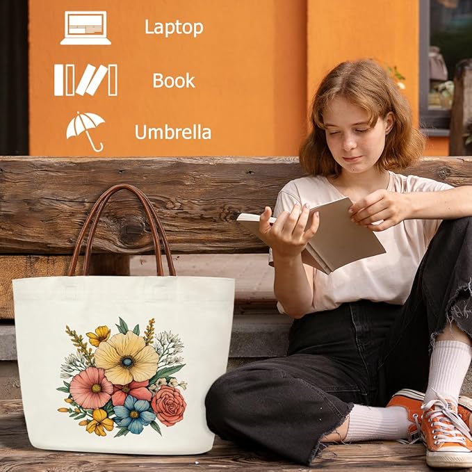 Floral Canvas Tote Bag For Women, Flower Tote Bags for Grocery Shoulder Bag for Work Beach Travel Gym, Beach Bag Shopping Handbag Motivational Gifts Birthday Gifts for Mom Teacher Friends -11