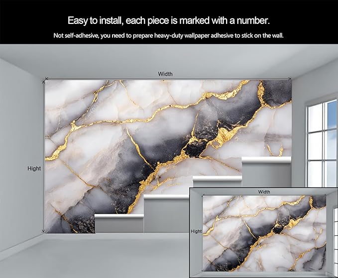 Golden Veins Marble Wall Mural, Black and White Marble 3D Wall Murals, Luxury Stone Wallpaper Mural, for Living Room Bedroom Large Wallpaper Indoor Decor 59" W x39.4 H