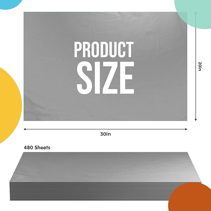 Party Solids Grey Tissue Paper for Gift Bags - 20" X 30" Bulk Tissue Paper Grey 480 Sheets - 10lb Newsprint for Packing, Birthday Gift Box Filler, Packing Supplies for Moving Supplies