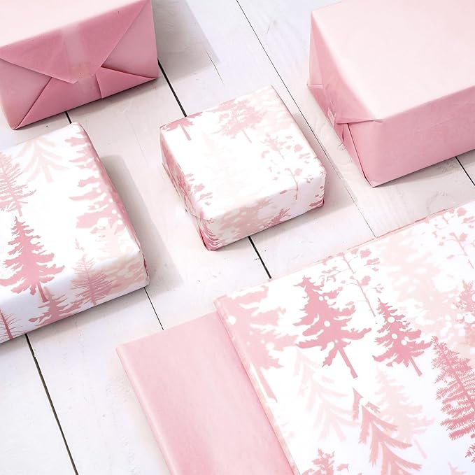 Whaline 100 Sheets Christmas Pink Tissue Paper Christmas Tree Gift Wrapping Paper Art Craft Paper for Home DIY Gift Bags Xmas Winter New Year Decor, 14 x 20 Inch