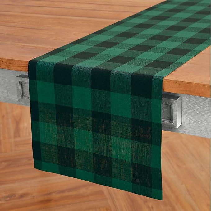 Solino Home Linen Checkered Table Runner 144 Inches Long - 100% Pure Linen Buffalo Check Green and Black Table Runner 14 x 144 Inch Ideal for Dining, Winter