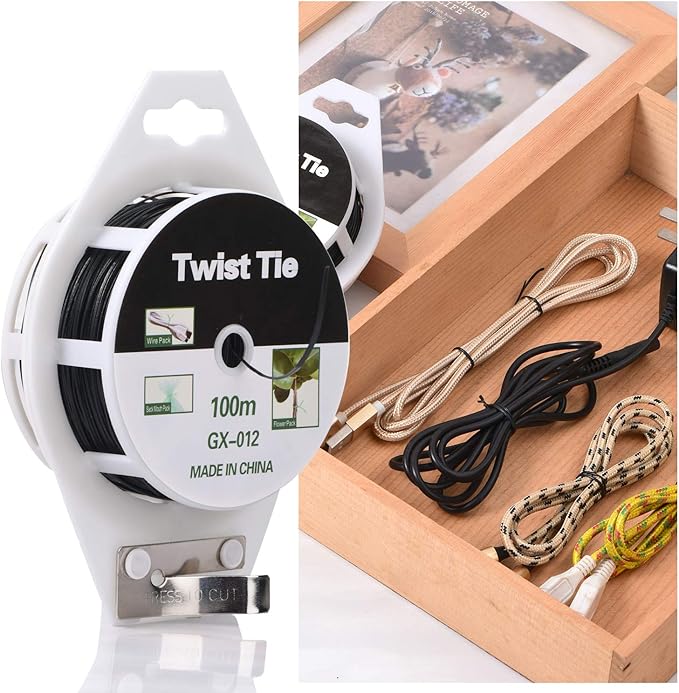328ft (100m) Twist Ties, Plant Ties for Vines Garden Wire with Cutter for Gardening Home Office, Multi-Function Black Plastic Coated Wire