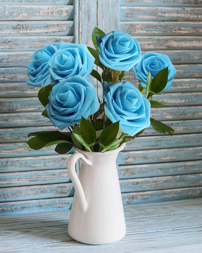 JOYLEX Artificial Flowers Realistic Roses, 25pcs Light Blue Real Looking Fake Roses with Stem for DIY Wedding Bouquets Centerpieces Bridal Shower Party Home Romantic Decorations (25pcs, Light Blue)