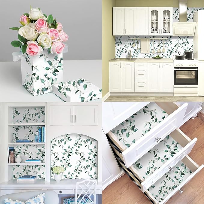 Erfoni Green and White Leaf Peel and Stick Wallpaper Floral Contact Paper for Livingroom17.7inch x 393.7inch Eucalyptus Wallpaper Peel and Stick Vintage Flower Decorative Removable Wall Paper Vinyl