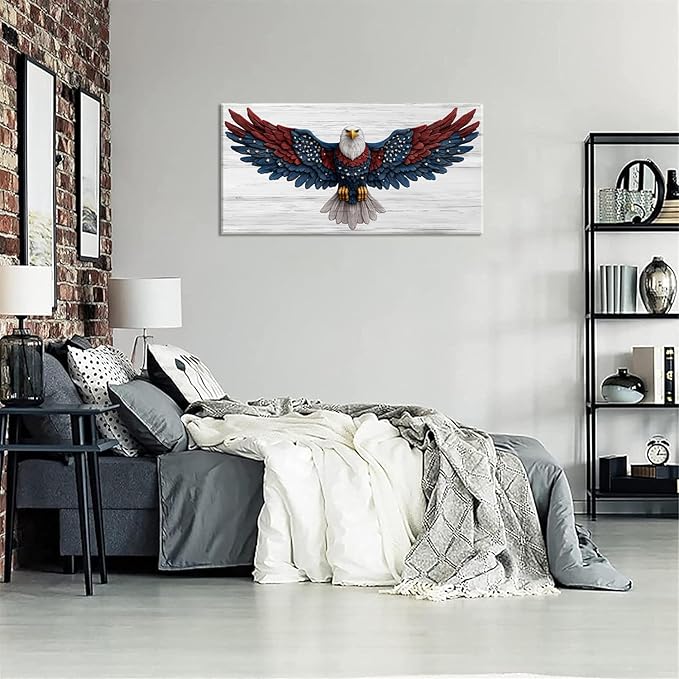 Bald Eagle Canvas Wall Art American Eagle Wall Décor -American Bald Red Blue Flag Canvas Wall Art Usa Independence Day Prints Painting Ready to Hang for Living Room, Bedroom, Office, Dorm 46L" x 23W"