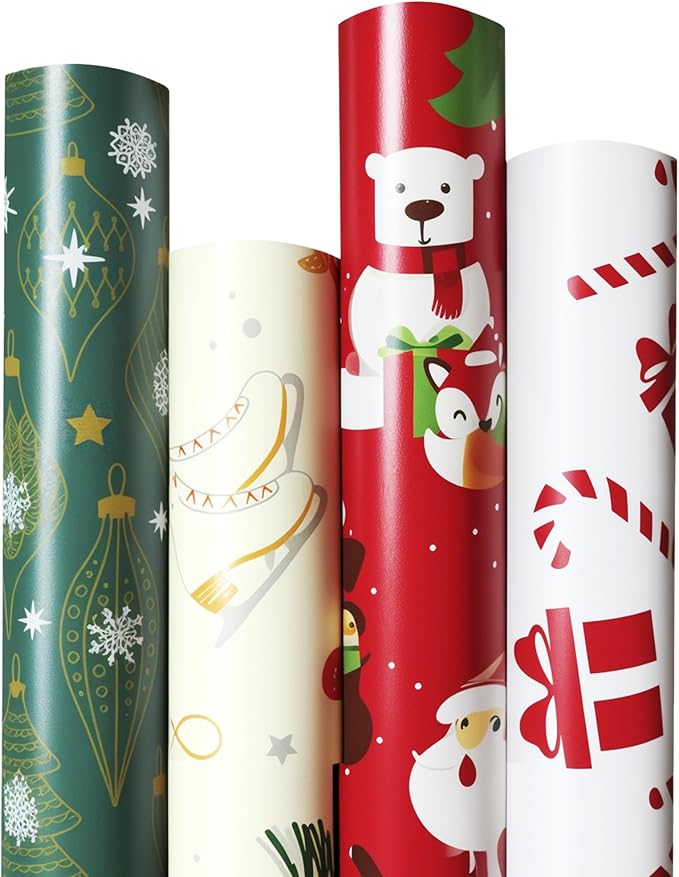 4 Rolls Christmas Wrapping Paper, 17 Inch x 16.5 Feet per Roll, Totaling 94 sq. ft. – Teal Ornaments, Cream Reindeer Mittens & Skates, Red Santa with Trees, White Gifts & Candy Canes – Eco-Friendly Durable Coated Paper Gift Wrap