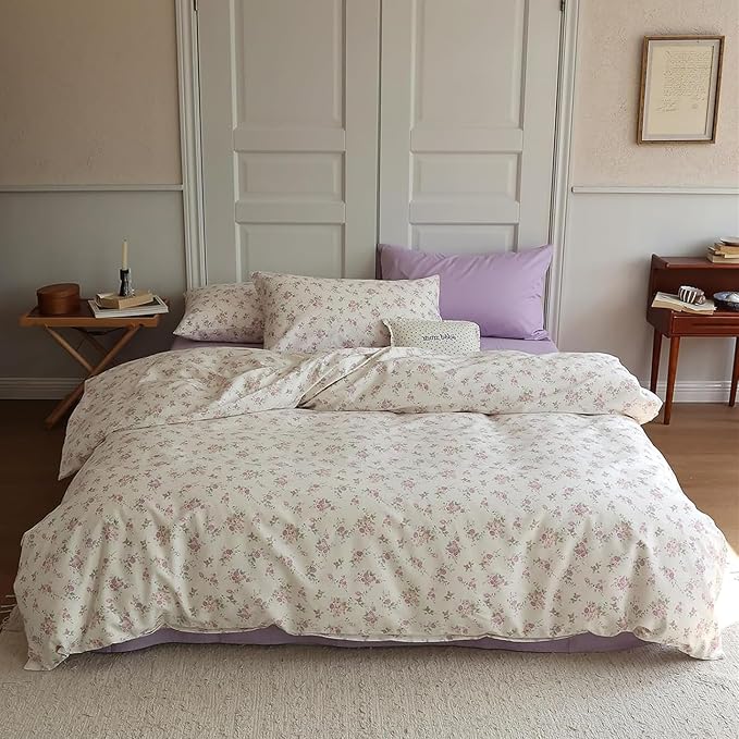 VM VOUGEMARKET Purple Blooming Comforter Set Full 3 Pcs Vintage Pink Flower Down Comforter with 2 Pillowcases All Season Soft & Lightweight Comforter Set for Girls Women 80"x90"