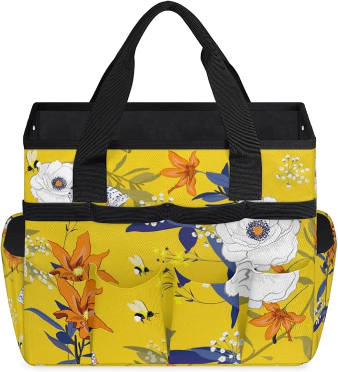 Flower Bee Butterfly Garden Tool Tote Bag for Women Men Gardening Tool Storage Bags with 10 Pockets Standable Garden Home Tool Kits Organizer for Indoor Outdoor Gardening Gifts