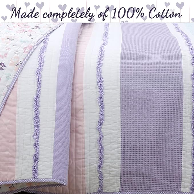 Cozy Line Home Fashions Lavender Blue Pink Ruffles Girl 100% Cotton Reversible Quilt Bedding Set, Coverlet, Bedspread (Lavender Dream, Queen - 3 Piece: 1 Quilt + 2 Shams)