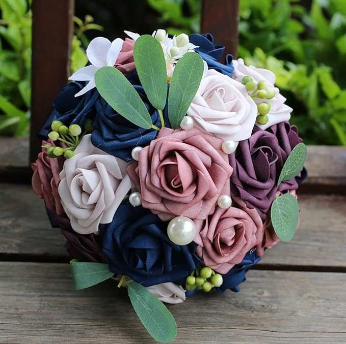 Lightweight Bridal Wedding Bouquet Round Holding Bouquet Throw Toss Artificial Rose Flower Bunch for Bride Bridesmaid Wedding Quinceanera (Navy, Smoky Rose, Light Taro & Dark Puce, 9.1")