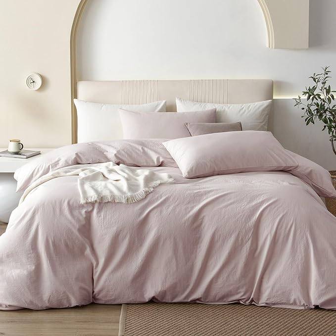 JIYUAN 100% Washed Cotton Duvet Cover Set 3 Pieces Cal King, 1 Duvet Cover 104x98 Inches (Comforter Not Included) and 2 Pillowcases,Linen Feel Bedding Set Comfy and Breathable, Heathered Greyish Pink