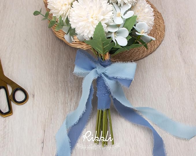 Ribbli Dusty Blue Ribbon 1 Inch x 3 Rolls Total 24 Yards Blue Handmade Fringe Chiffon Silk Ribbon for Wrapping Wedding Invitations Bridal Bouquets DIY Crafts Home Decor