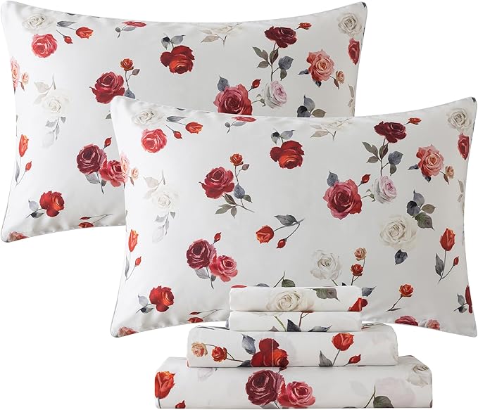 FADFAY Vintage White Rose Floral Bedding - King Size, 100% Percale Egyptian Cotton, 800 Thread Count, Deep Pocket Fitted Sheet, 4Pcs