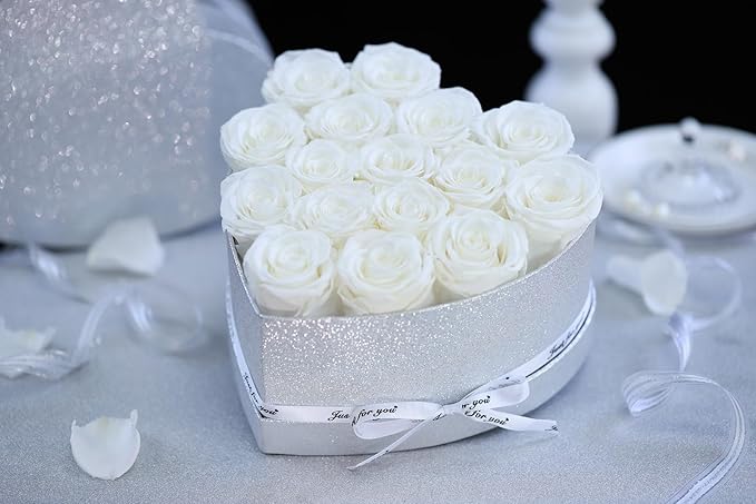 Forever Flowers for Delivery, 16 White Preserved Rose in Heart Shaped Box, Eteranl Rose on Anniversary Birthday Gifts for Women, Mother, Wife, Girlfriend，Christmas Day Gifts for Mom
