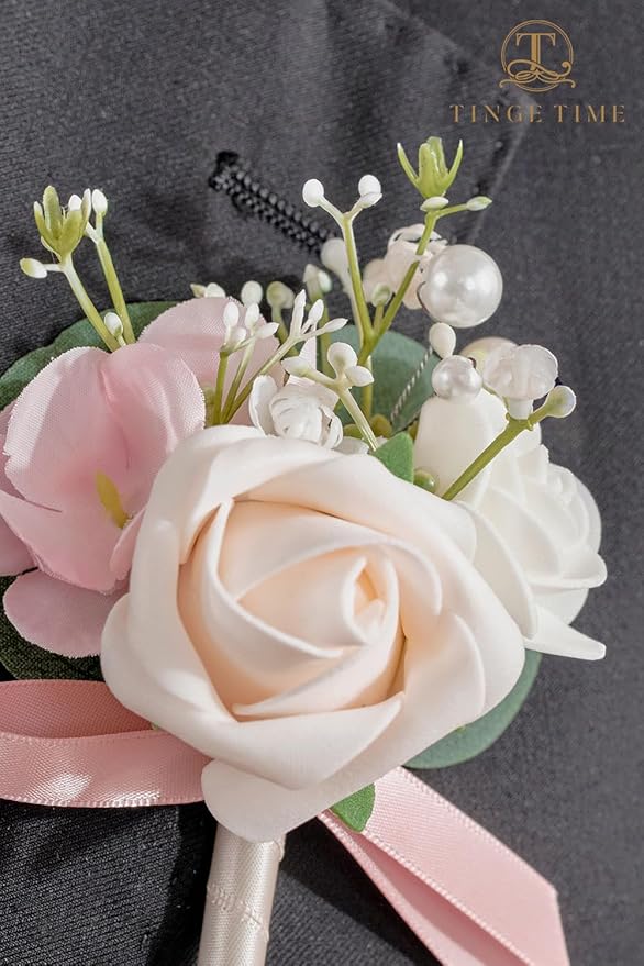 TINGE TIME Boutonniere for Men Wedding,Groom and Best Man Boutonniere for Wedding Ceremony Anniversary, Formal Dinner Party and Rustic Spring Wedding Marriage (10, Champange&Pink)