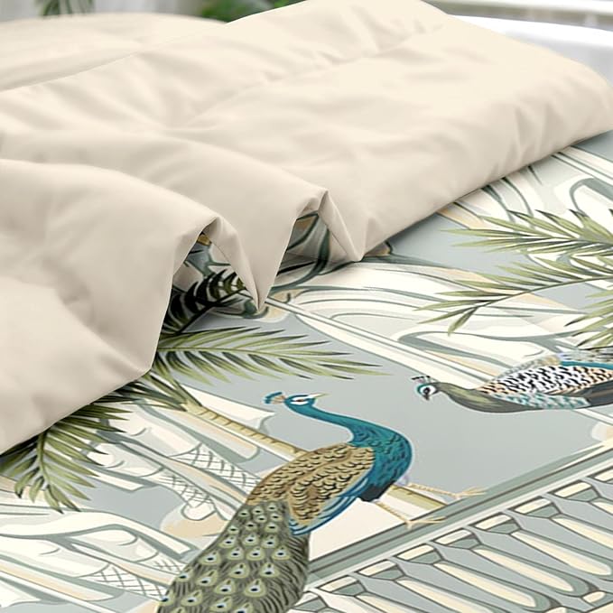 Comforter Set Twin Size, Peacock Bird Animal 5 Pcs Bedding for Kids and Adults, Floral Botanical Grey Green Bed Sheet Sets with Fitted Sheet Pillowcase & Sham for Bedroom Bed Decor