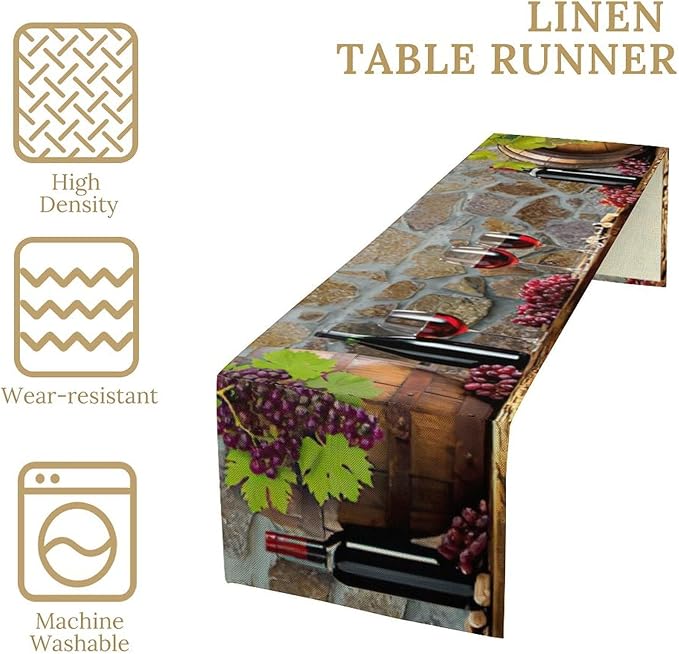 Red Wine Table Runner Wine Grape Alcohol Fruit Vintage Barrel Dinner Runner for Farmhouse Cabin Home Kitchen Dining Holiday Wedding Party Dining Decor 13x60in