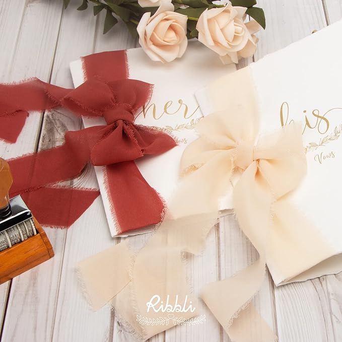 Ribbli Champagne Chiffon Ribbon 1-1/2 inch x 20 Yard Handmade Fringe Chiffon, Nude Silk Ribbon for Wedding Invitations, Bridal Bouquets Wrapping, Flower Arrangement Decoration