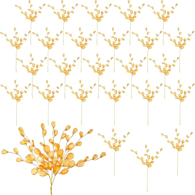 BEIQIYA 25pcs Acrylic Crystal Flower Branches, Artifial Bead Drop Bouquets, Orange Floral Picks Arrangement for Wedding Christmas Thanksgiving Day Home Office Table Top Decortaion