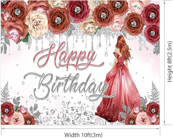 AOFOTO Happy Birthday Backdrop Red Beige Pink Rose Floral Diamond Print Photography Background for Women Girls Birthday Party Banner Home Wall Decor Photo Studio Booth Props 10x8ft