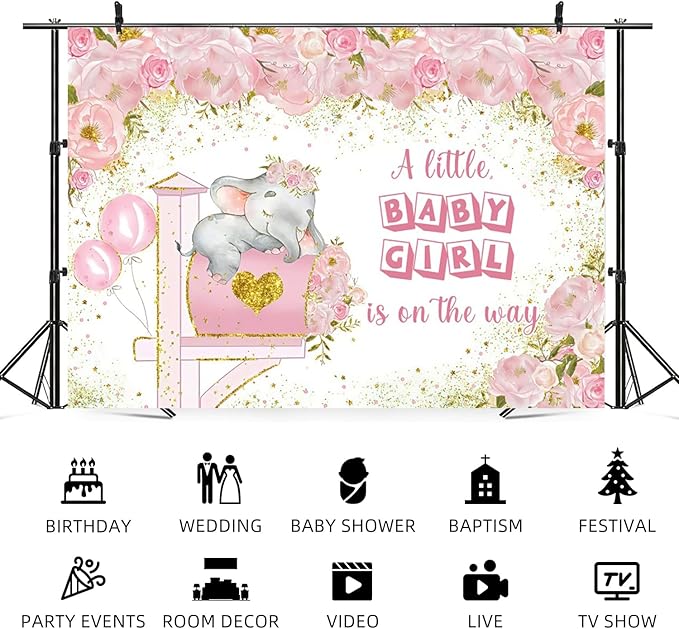 8x6ft Elephant Baby Shower Backdrop A Little Baby Girl is On The Way Photography Background Pink Floral Balloon Mailbox Baby Girls Party Banner Decorations Newborn Portrait Photo Booth Prop