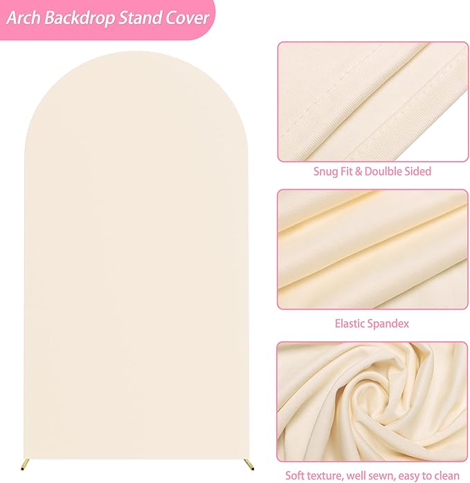 Putros 7.2ft Metal Arch Stand with Cover Beige Spandex Fitted Wedding Arch Cover and Round Top Chiara Backdrop Stand Set for Birthday Party Baby Shower Decoration