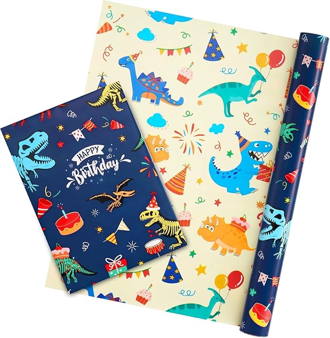 WERNNSAI Dinosaur Wrapping Paper Roll - 1 Roll 17”x 16.4ft Dinosaur Happy Birthday Gift Wrap Reversible Dino Gift Packing Roll for Kids Boys Birthday Baby Shower Decor Favor