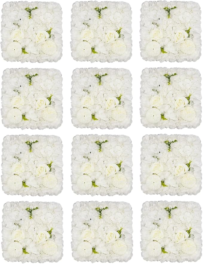 Flower Wall Panel Set,White Artificial Wall Flower Backdrop,12 Pcs 15" X 15" 3D Silk Hydrangea Rose Floral Panel,Faux Roses Artificial Flower Backdrop for Wall Decor