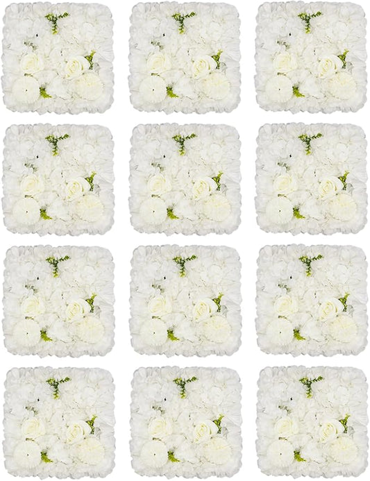 Flower Wall Panel Set,White Artificial Wall Flower Backdrop,12 Pcs 15" X 15" 3D Silk Hydrangea Rose Floral Panel,Faux Roses Artificial Flower Backdrop for Wall Decor