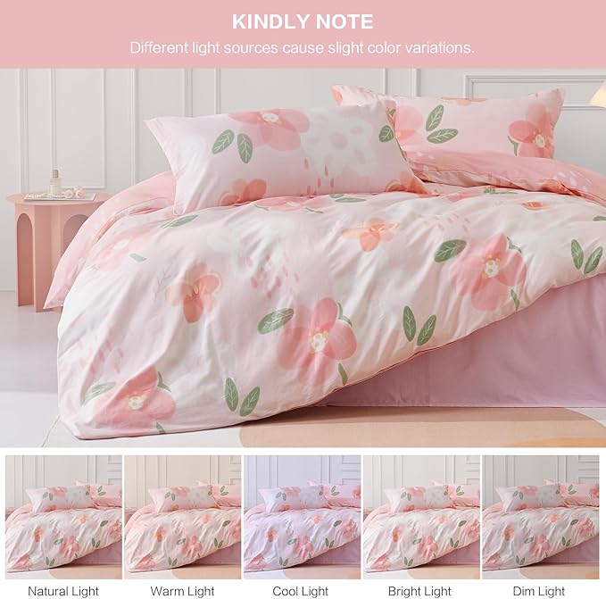 SAPHREAS Pink Floral Duvet Cover Set 2pcs Twin Size Botanical Bedding Comforter Cover Set 100% Cotton 1 Duvet Cover 68"x90" 1 Pillow Sham, Comforter Not Included